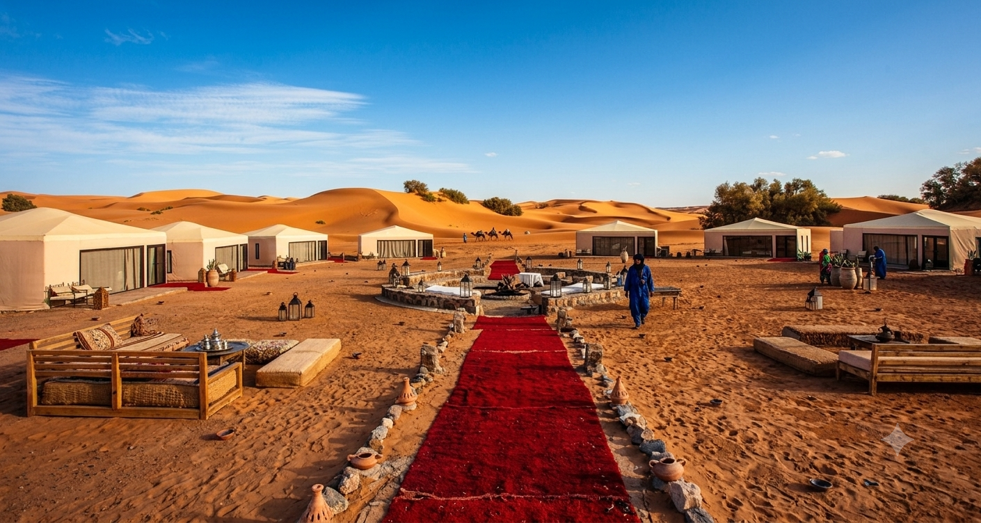 Vue d'un camp de luxe dans le désert avec un long tapis rouge central menant à un coin salon, entouré de tentes beiges. Des dunes de sable doré s'étendent en arrière-plan sous un ciel bleu clair.